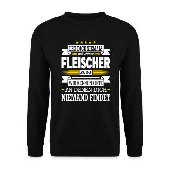 Leg Dich Niemals Mit Einem Fleischer An Meister - Unisex Pullover - Schwarz - Vorne - Alina (178cm) & Michal (187cm)