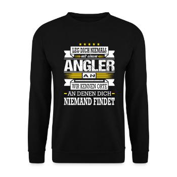 Leg Dich Niemals Mit Einem Angler An Angeln - Unisex Pullover - Schwarz - Vorne - Alina (178cm) & Michal (187cm)