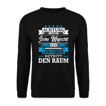Achtung Seine Majestät Der LKW-Fahrer Spruch - Unisex Pullover - Schwarz - Vorne - Alina (178cm) & Michal (187cm)