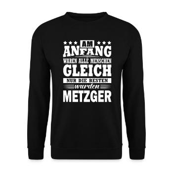 Am Anfang Waren Alle Menschen Gleich Metzger - Unisex Pullover - Schwarz - Vorne - Alina (178cm) & Michal (187cm)