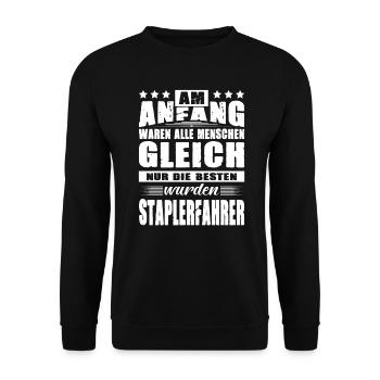 Am Anfang Waren Alle Menschen Gleich Staplerfahrer - Unisex Pullover - Schwarz - Vorne - Alina (178cm) & Michal (187cm)