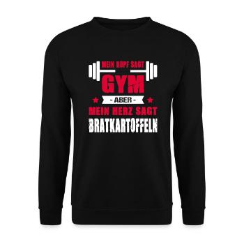 Kopf Sagt Gym Aber Mein Herz Sagt Bratkartoffeln - Unisex Pullover - Schwarz - Vorne - Alina (178cm) & Michal (187cm)
