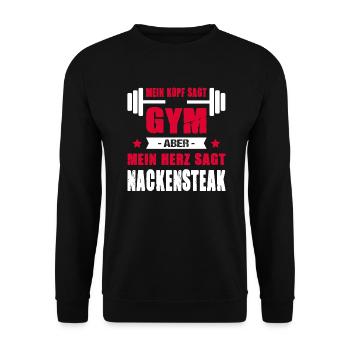 Mein Kopf Sagt Gym Aber Mein Herz Sagt Nackensteak - Unisex Pullover - Schwarz - Vorne - Alina (178cm) & Michal (187cm)