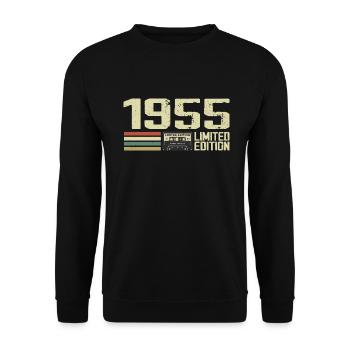 Geboren 1955 – Jahrgang 1955 – 69. Geburtstag Retro - Unisex Pullover - Schwarz - Vorne - Alina (178cm) & Michal (187cm)