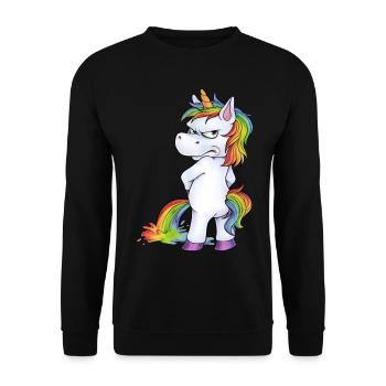 Witziges Einhorn beim Pinkeln mit pissigem Blick - Unisex Pullover - Schwarz - Vorne - Alina (178cm) & Michal (187cm)