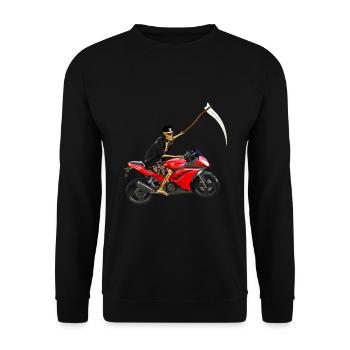 Sensenmann steigt um auf´s Motorrad - Unisex Pullover - Schwarz - Vorne - Alina (178cm) & Michal (187cm)
