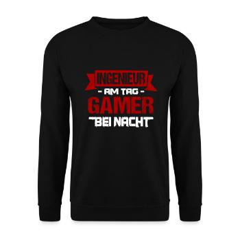 Ingenieur Am Tag Gamer Bei Nacht Fahrzeugbauer - Unisex Pullover - Schwarz - Vorne - Alina (178cm) & Michal (187cm)