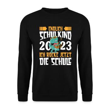 Schulkind 2023 Dino Dinosaurier Ich Rocke Jetzt - Unisex Pullover - Schwarz - Vorne - Alina (178cm) & Michal (187cm)