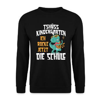 Schulkind 2023 Dino Tshüss Kindergarten - Unisex Pullover - Schwarz - Vorne - Alina (178cm) & Michal (187cm)