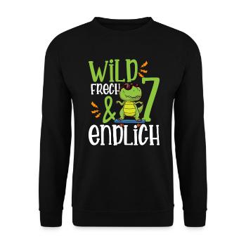 Wild Frech & endlich 7 siebter Geburtstag - Unisex Pullover - Schwarz - Vorne - Alina (178cm) & Michal (187cm)