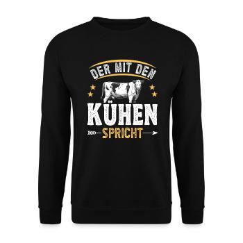 Landwirt Milchbauer Kuhbauer mit Kühen sprechen - Unisex Pullover - Schwarz - Vorne - Alina (178cm) & Michal (187cm)
