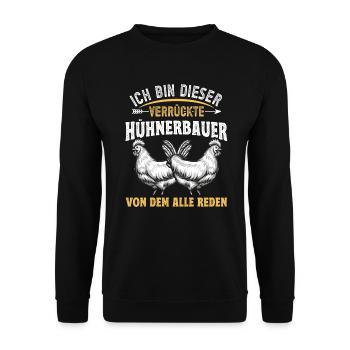 Hühner Huhn Verrückter Hühnerbauer - Unisex Pullover - Schwarz - Vorne - Alina (178cm) & Michal (187cm)