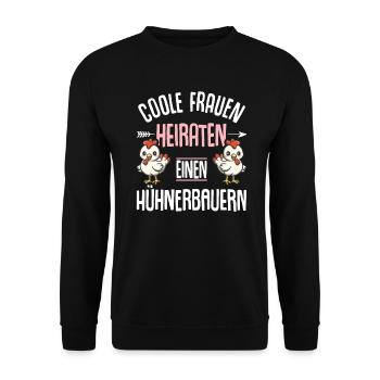 Frau von Hühnerbauer Huhn Hühnerbäuerin - Unisex Pullover - Schwarz - Vorne - Alina (178cm) & Michal (187cm)