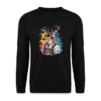 Hirsch mit Kopfhörer Sonnenbrille Fest Tracht - Unisex Pullover - Schwarz - Vorne - Alina (178cm) & Michal (187cm)