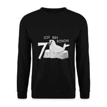Lachende Robbe auf Fels - 7. Geburtstag - Unisex Pullover - Schwarz - Vorne - Alina (178cm) & Michal (187cm)