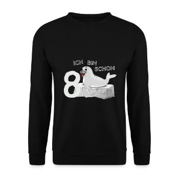 Lachende Robbe auf Fels - 8. Geburtstag - Unisex Pullover - Schwarz - Vorne - Alina (178cm) & Michal (187cm)