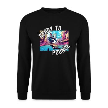 A Cat riding a Skateboard on Colorful City Street - Unisex Sweatshirt - black - Front - Alina (178cm) & Michal (187cm)