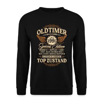 Oldtimer Baujahr 1991 Jahrgang Geburtstag Geschenk - Unisex Pullover - Schwarz - Vorne - Alina (178cm) & Michal (187cm)