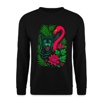 Tropische Katze & Flamingo - Sommer 2025 - Unisex Pullover - Schwarz - Vorne - Alina (178cm) & Michal (187cm)
