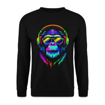 Retro-Gorilla in bunten Farben mit Kopfhörern - Unisex Pullover - Schwarz - Vorne - Alina (178cm) & Michal (187cm)
