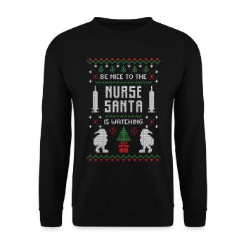 Die nette Krankenschwester Santa schaut auf hässlichen Pullover - Unisex Pullover - Schwarz - Vorne - Alina (178cm) & Michal (187cm)