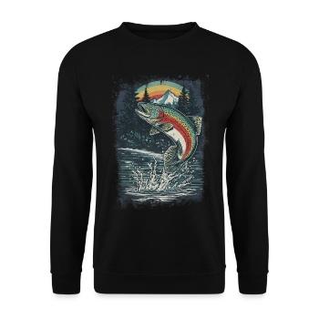Jumping rainbow trout – retro angler motif - Unisex Sweatshirt - black - Front - Alina (178cm) & Michal (187cm)