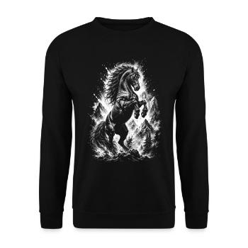 Wildes schwarzes Pferd in Natur im Zeichenstil - Unisex Pullover - Schwarz - Vorne - Alina (178cm) & Michal (187cm)