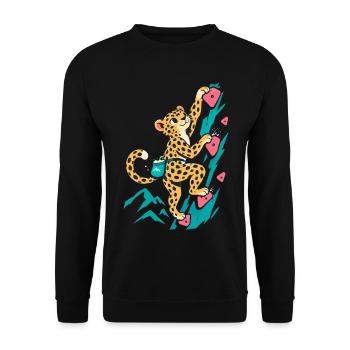 Leopard beim Bouldern Klettern Tier Design - Unisex Pullover - Schwarz - Vorne - Alina (178cm) & Michal (187cm)