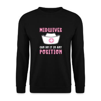 Hebammen Können Es In Jeder Position Tun. - Unisex Pullover - Schwarz - Vorne - Alina (178cm) & Michal (187cm)
