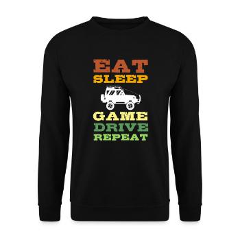 Essen Schlafen Game Drive Wiederholung. Safari - Unisex Pullover - Schwarz - Vorne - Alina (178cm) & Michal (187cm)