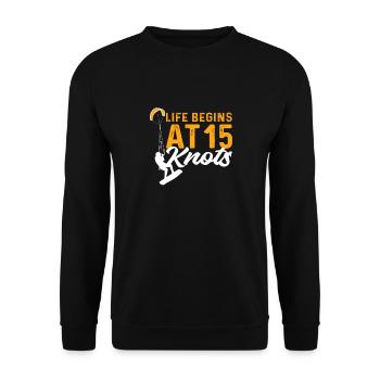 Das Leben Beginnt Bei 15 Knoten. Kiteboarding - Unisex Pullover - Schwarz - Vorne - Alina (178cm) & Michal (187cm)