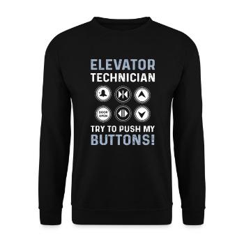 Technicien d’ascenseur - essayez de fermer mes boutons - Sweat-shirt Unisexe - noir - Devant - Alina (178cm) & Michal (187cm)