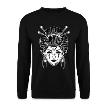 Schädel Skull Horror Skelett Halloween Geisha - Unisex Pullover - Schwarz - Vorne - Alina (178cm) & Michal (187cm)