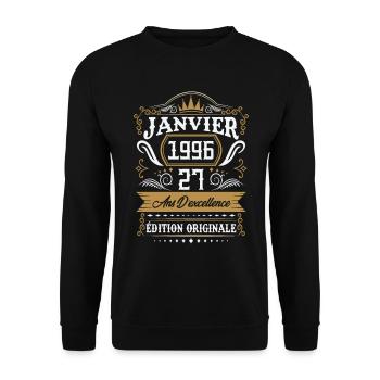 Janvier 1996 27 Ans Rétro Cadeau D'anniversaire - Sweat-shirt Unisexe - noir - Devant - Alina (178cm) & Michal (187cm)