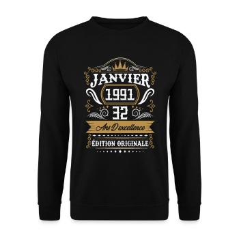 Janvier 1991 32 Ans Rétro Cadeau D'anniversaire - Sweat-shirt Unisexe - noir - Devant - Alina (178cm) & Michal (187cm)