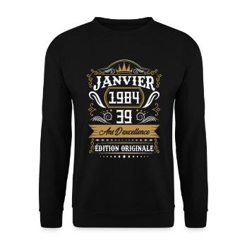 Janvier 1984 39 Ans Rétro Cadeau D'anniversaire - Sweat-shirt Unisexe - noir - Devant - Alina (178cm) & Michal (187cm)