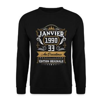 Janvier 1990 33 Ans Rétro Cadeau D'anniversaire - Sweat-shirt Unisexe - noir - Devant - Alina (178cm) & Michal (187cm)