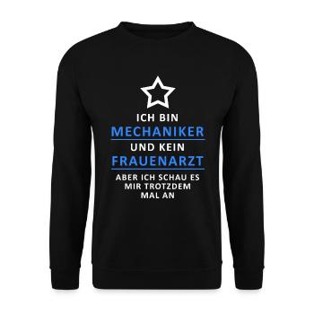 ICH BIN MECHANIKER UND KEIN FRAUENARZT / ABER... - Unisex Pullover - Schwarz - Vorne - Alina (178cm) & Michal (187cm)
