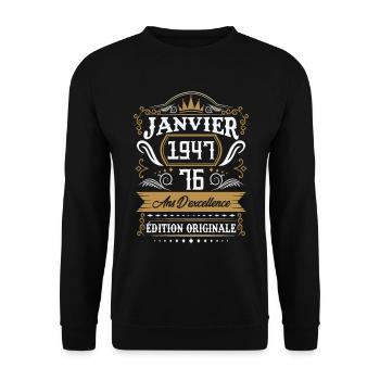 Janvier 1947 76 Ans Rétro Cadeau D'anniversaire - Sweat-shirt Unisexe - noir - Devant - Alina (178cm) & Michal (187cm)