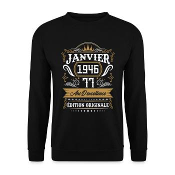 Janvier 1946 77 Ans Rétro Cadeau D'anniversaire - Sweat-shirt Unisexe - noir - Devant - Alina (178cm) & Michal (187cm)