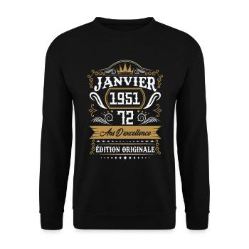 Janvier 1951 72 Ans Rétro Cadeau D'anniversaire - Sweat-shirt Unisexe - noir - Devant - Alina (178cm) & Michal (187cm)