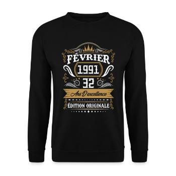 Février 1991 32 Ans Rétro Cadeau D'anniversaire - Sweat-shirt Unisexe - noir - Devant - Alina (178cm) & Michal (187cm)