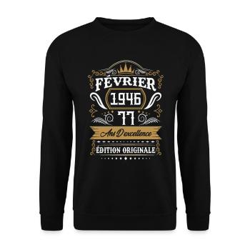 Février 1946 77 Ans Rétro Cadeau D'anniversaire - Sweat-shirt Unisexe - noir - Devant - Alina (178cm) & Michal (187cm)