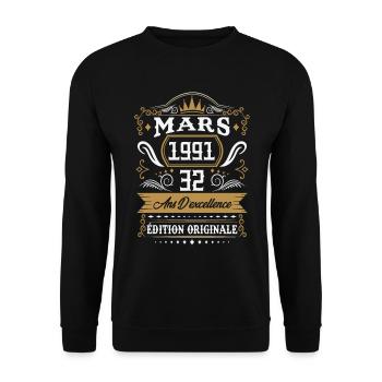 Mars 1991 32 Ans Rétro Cadeau D'anniversaire - Sweat-shirt Unisexe - noir - Devant - Alina (178cm) & Michal (187cm)