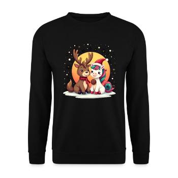 Einhorn & Rentier mit Schneeflocken Weihnachten - Unisex Pullover - Schwarz - Vorne - Alina (178cm) & Michal (187cm)