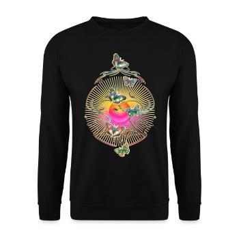Schmetterlinge Schnörkel Ranke Sonne Muster - Unisex Pullover - Schwarz - Vorne - Alina (178cm) & Michal (187cm)