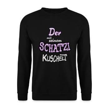 Schatzi kuscheln lustiger Spruch - Unisex Pullover - Schwarz - Vorne - Alina (178cm) & Michal (187cm)
