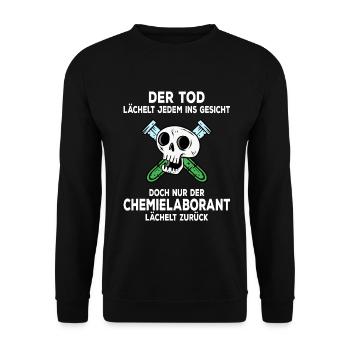 Chemielaborant der Tod lächelt jedem ins Gesicht - Unisex Pullover - Schwarz - Vorne - Alina (178cm) & Michal (187cm)