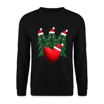 Herz mit Weihnachtsbäumen und Weihnachtsmützen. - Unisex Pullover - Schwarz - Vorne - Alina (178cm) & Michal (187cm)
