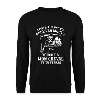 T-shirt équitation - Touche à mon Cheval - Sweat-shirt Unisexe - noir - Devant - Alina (178cm) & Michal (187cm)